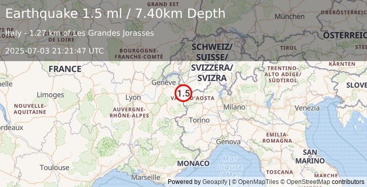 Earthquake NORTHERN ITALY (1.5 ml) (2025-07-03 21:21:47 UTC)