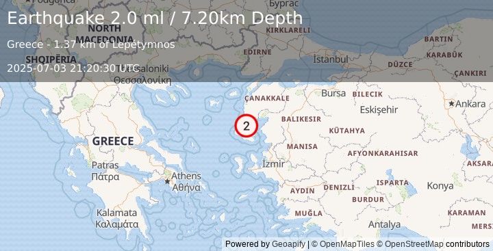 Earthquake NEAR THE COAST OF WESTERN TURKEY (2.0 ml) (2025-07-03 21:20:30 UTC)