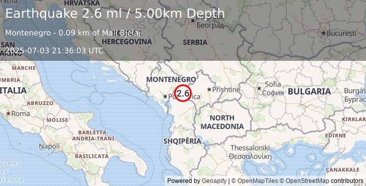 Earthquake MONTENEGRO (2.6 ml) (2025-07-03 21:36:03 UTC)