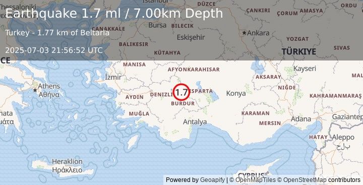 Earthquake WESTERN TURKEY (1.7 ml) (2025-07-03 21:56:52 UTC)