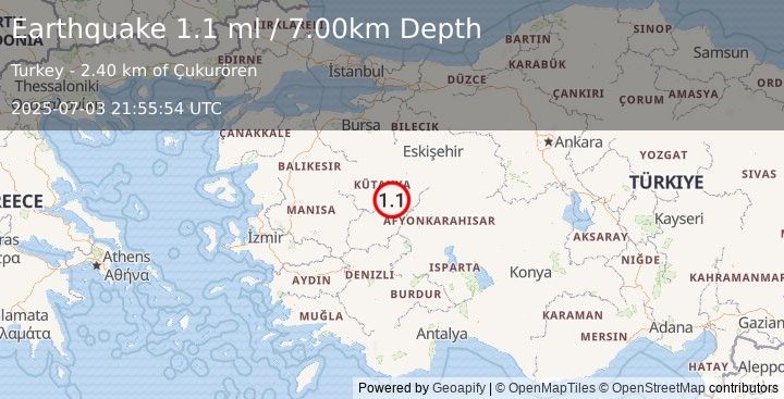 Earthquake WESTERN TURKEY (1.1 ml) (2025-07-03 21:55:54 UTC)