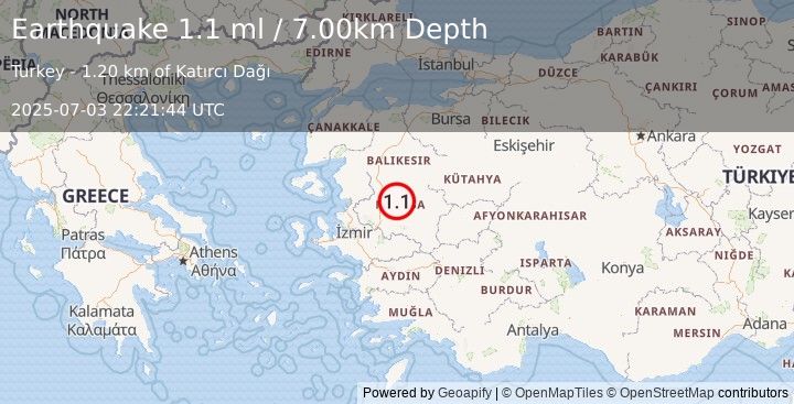 Earthquake WESTERN TURKEY (1.1 ml) (2025-07-03 22:21:44 UTC)
