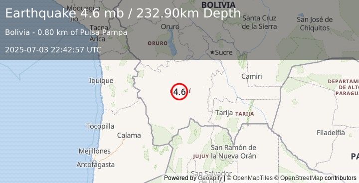 Earthquake POTOSI, BOLIVIA (4.6 mb) (2025-07-03 22:42:57 UTC)