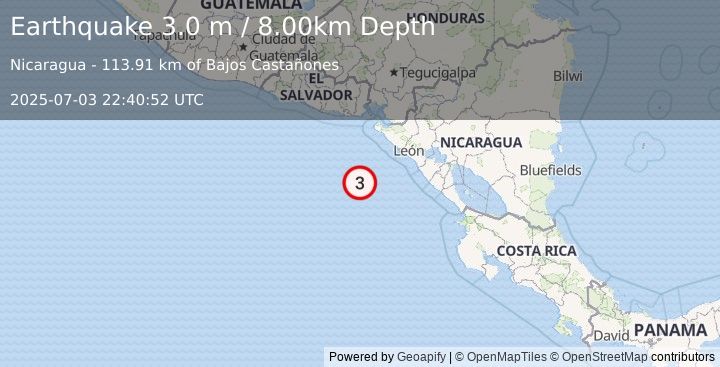 Earthquake NEAR COAST OF NICARAGUA (3.0 m) (2025-07-03 22:40:52 UTC)