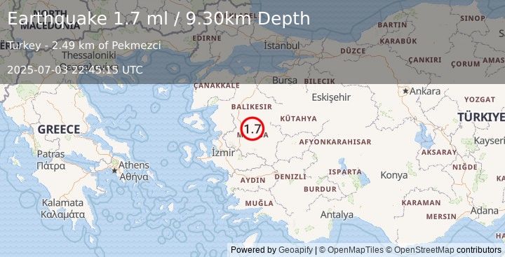 Earthquake WESTERN TURKEY (1.7 ml) (2025-07-03 22:45:15 UTC)