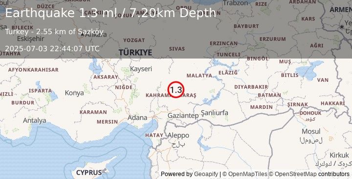 Earthquake CENTRAL TURKEY (1.3 ml) (2025-07-03 22:44:07 UTC)