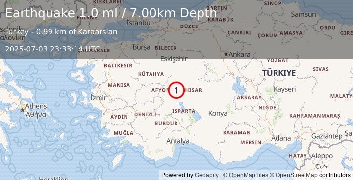 Earthquake WESTERN TURKEY (1.0 ml) (2025-07-03 23:33:14 UTC)