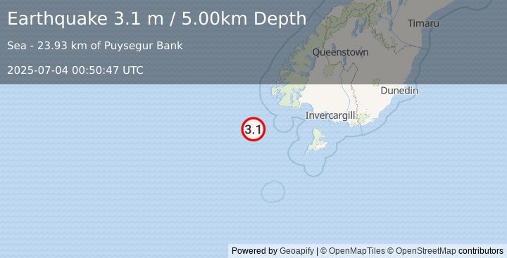 Earthquake OFF W. COAST OF S. ISLAND, N.Z. (3.1 m) (2025-07-04 00:50:47 UTC)