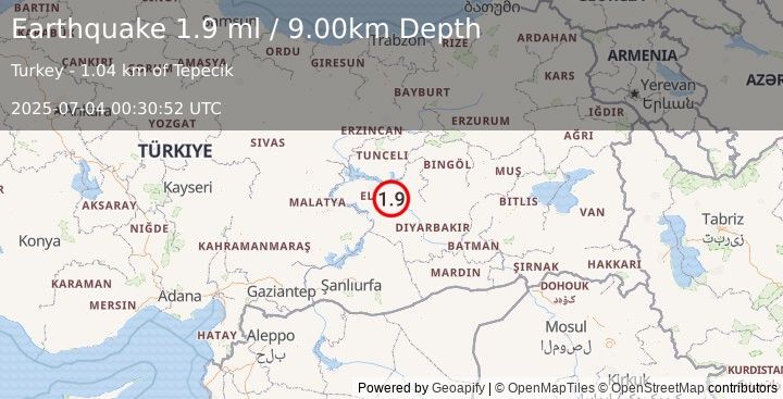 Earthquake EASTERN TURKEY (1.9 ml) (2025-07-04 00:30:52 UTC)