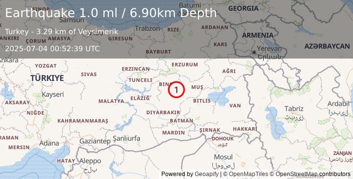 Earthquake EASTERN TURKEY (1.0 ml) (2025-07-04 00:52:39 UTC)