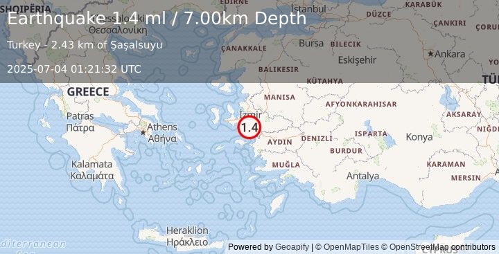 Earthquake WESTERN TURKEY (1.4 ml) (2025-07-04 01:21:32 UTC)