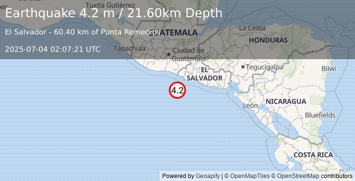 Earthquake OFFSHORE EL SALVADOR (4.2 m) (2025-07-04 02:07:21 UTC)