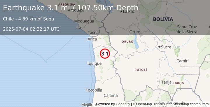 Earthquake TARAPACA, CHILE (3.1 ml) (2025-07-04 02:32:17 UTC)