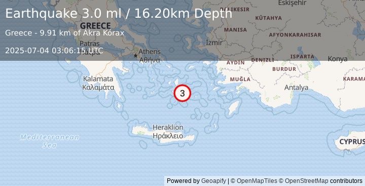 Earthquake DODECANESE ISLANDS, GREECE (3.0 ml) (2025-07-04 03:06:15 UTC)