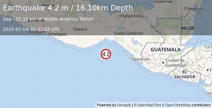Earthquake OFF COAST OF OAXACA, MEXICO (4.2 m) (2025-07-04 05:32:03 UTC)