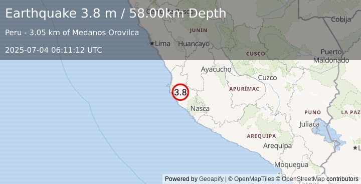 Earthquake NEAR COAST OF CENTRAL PERU (3.8 m) (2025-07-04 06:11:12 UTC)