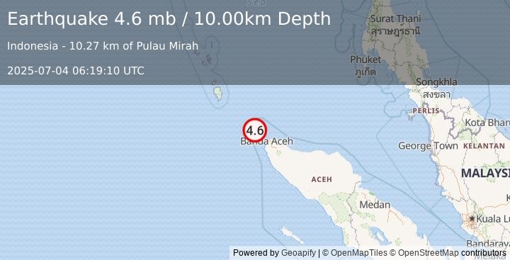 Earthquake NORTHERN SUMATRA, INDONESIA (4.6 mb) (2025-07-04 06:19:10 UTC)
