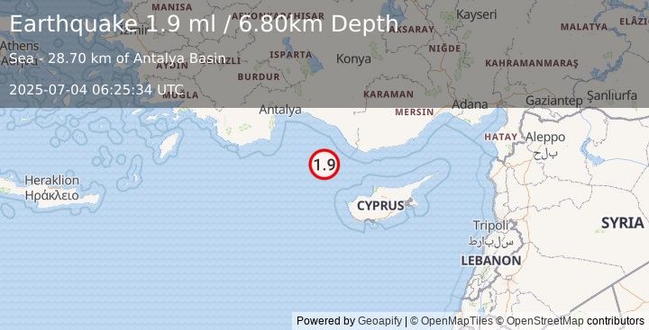 Earthquake CYPRUS REGION (1.9 ml) (2025-07-04 06:25:34 UTC)