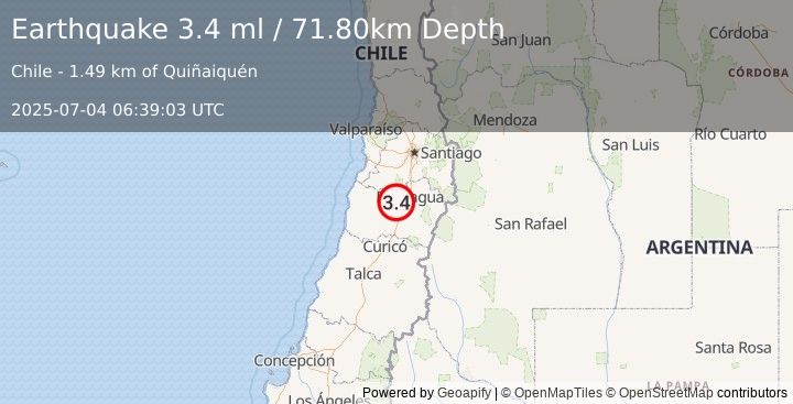 Earthquake LIBERTADOR O'HIGGINS, CHILE (3.4 ml) (2025-07-04 06:39:03 UTC)