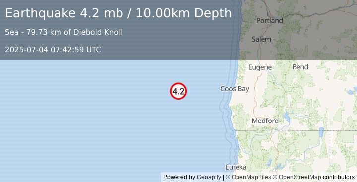 Earthquake OFF COAST OF OREGON (4.2 mb) (2025-07-04 07:42:59 UTC)
