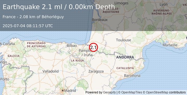Earthquake PYRENEES (2.2 ml) (2025-07-04 08:11:55 UTC)