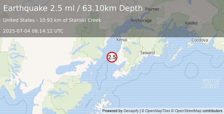 Earthquake KENAI PENINSULA, ALASKA (2.5 ml) (2025-07-04 08:14:12 UTC)