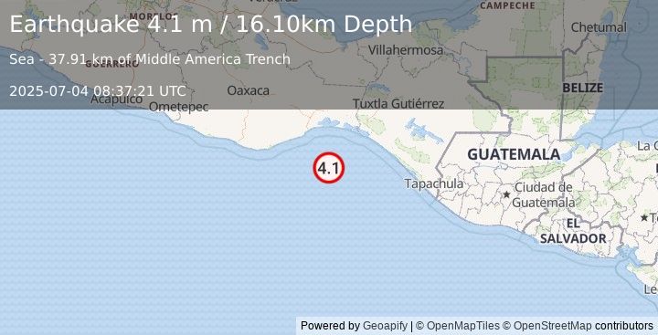 Earthquake OFF COAST OF OAXACA, MEXICO (4.1 m) (2025-07-04 08:37:21 UTC)
