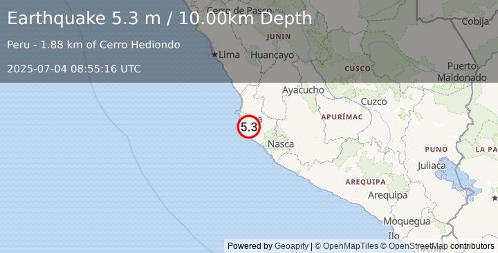 Earthquake NEAR COAST OF CENTRAL PERU (4.9 mb) (2025-07-04 08:55:12 UTC)