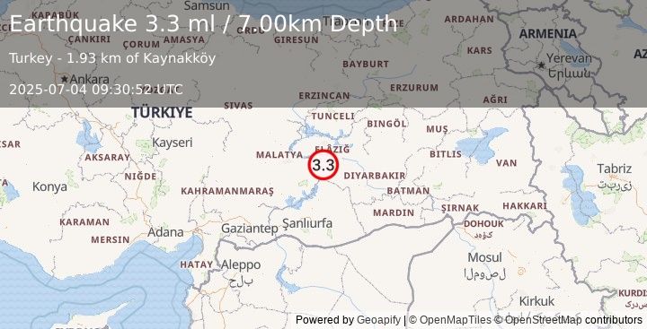 Earthquake EASTERN TURKEY (3.3 ml) (2025-07-04 09:30:52 UTC)
