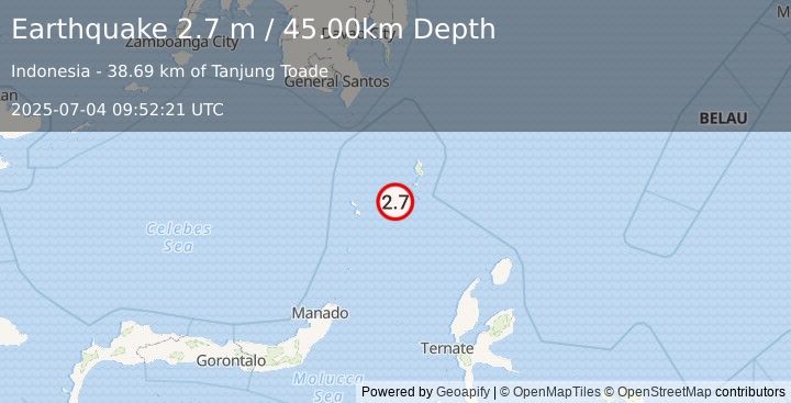 Earthquake KEPULAUAN TALAUD, INDONESIA (2.7 m) (2025-07-04 09:52:21 UTC)