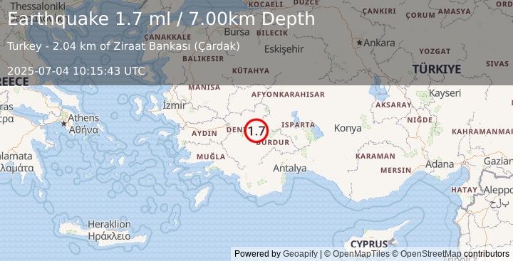 Earthquake WESTERN TURKEY (1.7 ml) (2025-07-04 10:15:43 UTC)