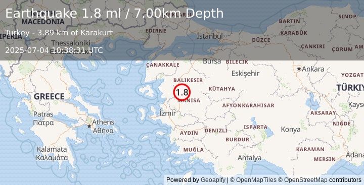 Earthquake WESTERN TURKEY (1.8 ml) (2025-07-04 10:38:31 UTC)
