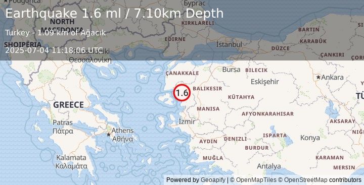 Earthquake NEAR THE COAST OF WESTERN TURKEY (1.6 ml) (2025-07-04 11:18:06 UTC)