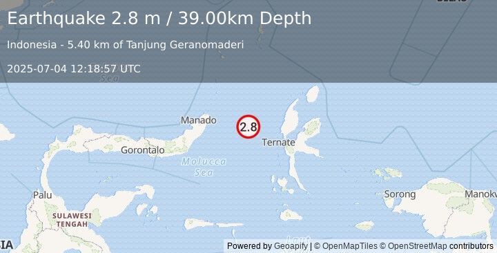 Earthquake MOLUCCA SEA (2.8 m) (2025-07-04 12:18:57 UTC)