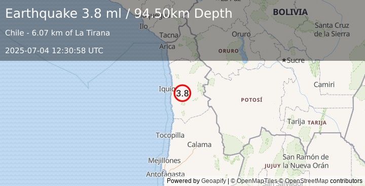 Earthquake TARAPACA, CHILE (3.8 ml) (2025-07-04 12:30:58 UTC)