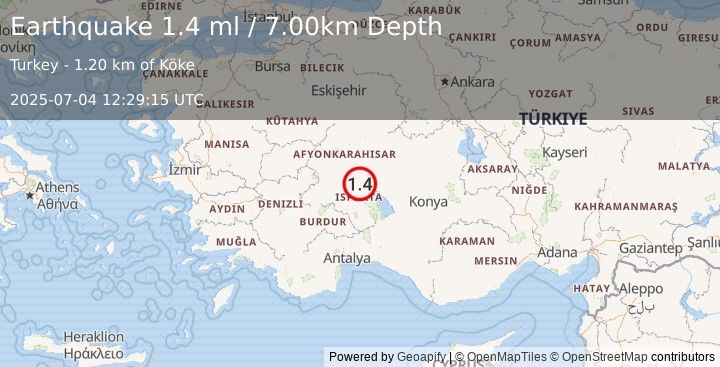 Earthquake WESTERN TURKEY (1.4 ml) (2025-07-04 12:29:15 UTC)