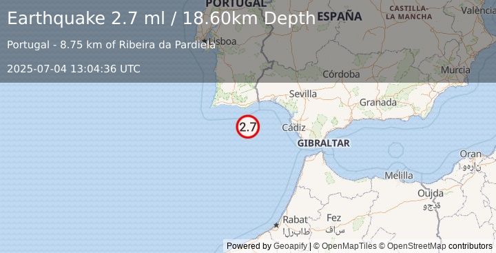 Earthquake STRAIT OF GIBRALTAR (2.7 ml) (2025-07-04 13:04:36 UTC)