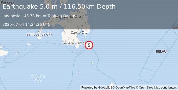 Earthquake MINDANAO, PHILIPPINES (4.9 mb) (2025-07-04 14:24:23 UTC)