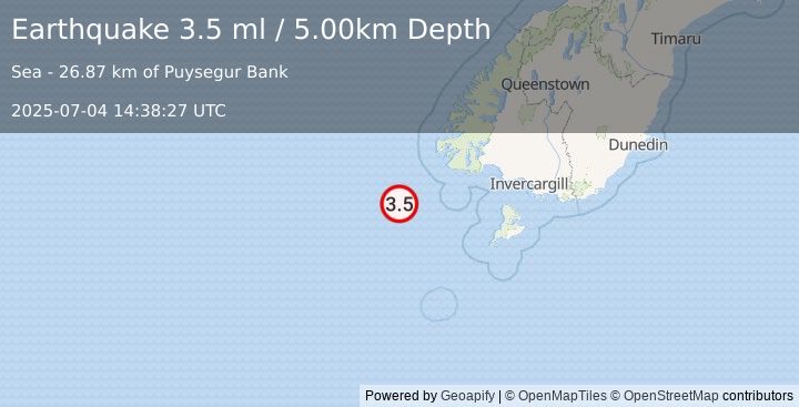 Earthquake OFF W. COAST OF S. ISLAND, N.Z. (3.5 ml) (2025-07-04 14:38:27 UTC)