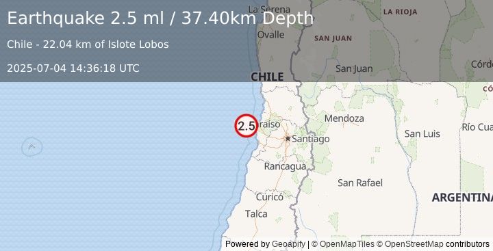 Earthquake OFFSHORE VALPARAISO, CHILE (2.5 ml) (2025-07-04 14:36:18 UTC)