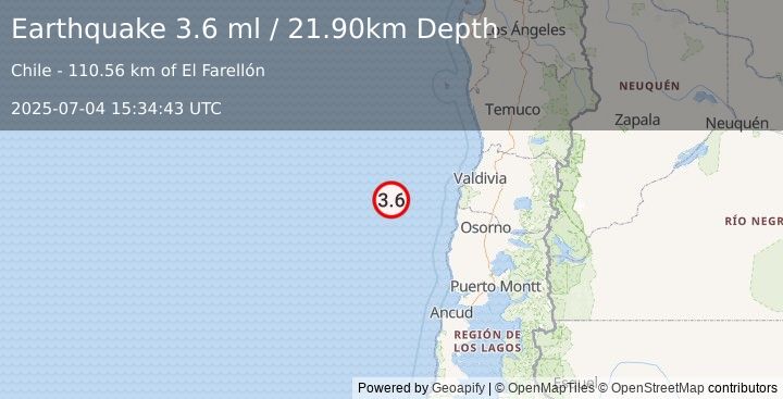 Earthquake OFF COAST OF LOS LAGOS, CHILE (3.6 ml) (2025-07-04 15:34:43 UTC)