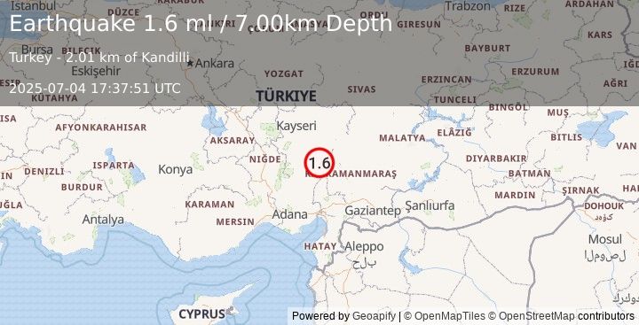 Earthquake CENTRAL TURKEY (1.6 ml) (2025-07-04 17:37:51 UTC)