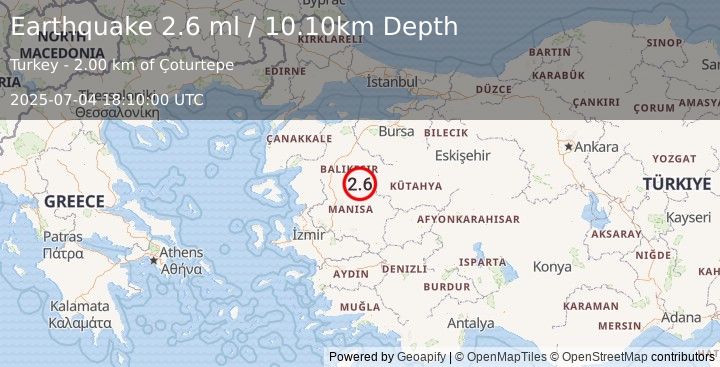 Earthquake WESTERN TURKEY (2.6 ml) (2025-07-04 18:10:00 UTC)