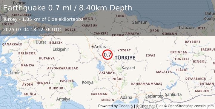 Earthquake CENTRAL TURKEY (0.7 ml) (2025-07-04 18:12:36 UTC)
