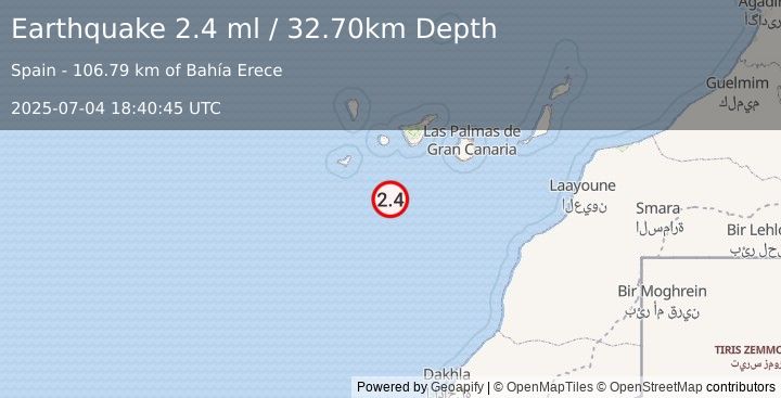 Earthquake CANARY ISLANDS, SPAIN REGION (2.4 ml) (2025-07-04 18:40:45 UTC)