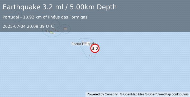 Earthquake AZORES ISLANDS REGION (3.2 ml) (2025-07-04 20:09:39 UTC)