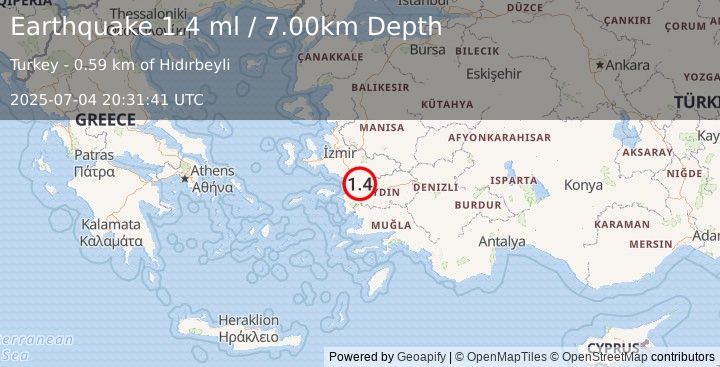 Earthquake WESTERN TURKEY (1.4 ml) (2025-07-04 20:31:41 UTC)