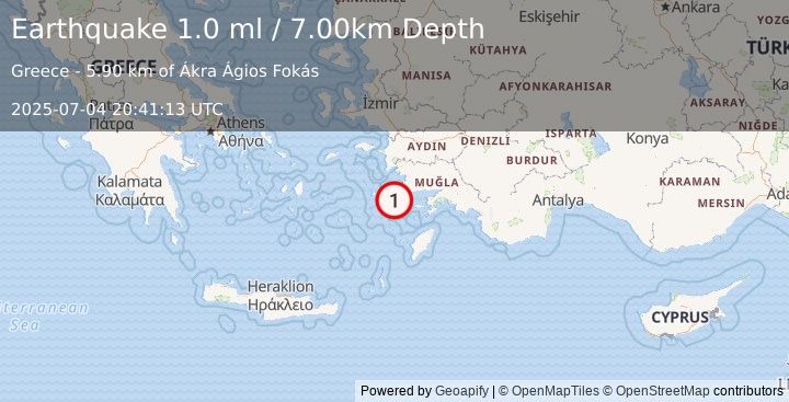 Earthquake DODECANESE IS.-TURKEY BORDER REG (1.0 ml) (2025-07-04 20:41:13 UTC)