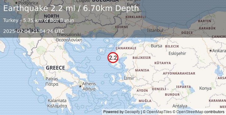 Earthquake NEAR THE COAST OF WESTERN TURKEY (2.1 ml) (2025-07-04 21:04:25 UTC)