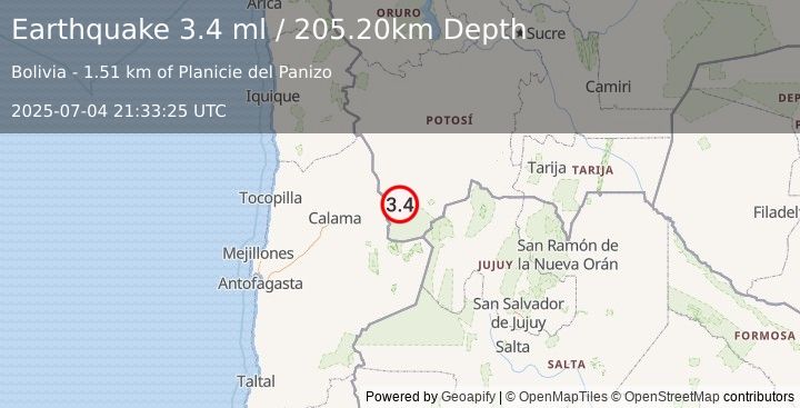 Earthquake POTOSI, BOLIVIA (3.4 ml) (2025-07-04 21:33:25 UTC)